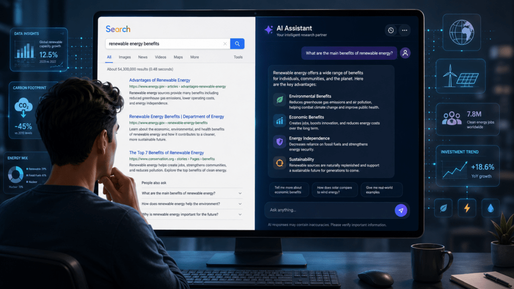 Utente che confronta ChatGPT e Google per cercare informazioni online con l’intelligenza artificiale.